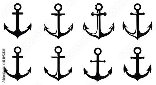 Collection of Black Anchor Silhouettes on White Background for Nautical Designs