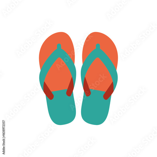 Orange and teal flip-flops on a white background.
