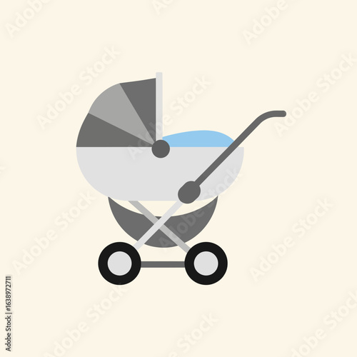 A stylized baby carriage with wheels and a handle.