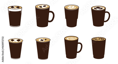 Variety of Coffee Drinks Latte Art Illustration in Tall Glasses Illustration