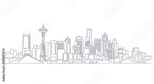Seattle Skyline: A detailed line art illustration of the Seattle skyline, capturing the iconic Space Needle and other significant structures against a simple background.