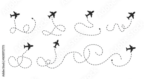 Airplane Flight Paths Set Illustration with Dotted Lines on White Background Illustration