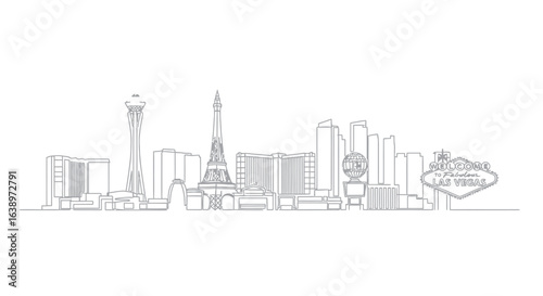 Las Vegas Skyline: A sleek, minimalistic linear depiction of the iconic Las Vegas skyline, capturing the essence of the city's architecture and spirit. 