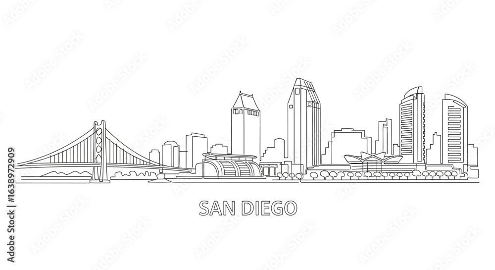 Fototapeta premium San Diego Skyline: A minimalist outline of the iconic San Diego cityscape, showcasing architectural marvels and the city's unique character. 