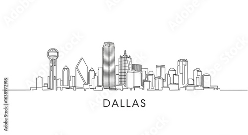 Dallas Skyline: An architectural line drawing of the Dallas skyline, showcasing iconic buildings and cityscapes. Minimalist urban art, ideal for travel or city-themed projects.