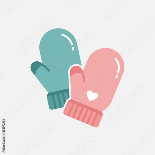 Two colorful mittens with heart detail on a white background.