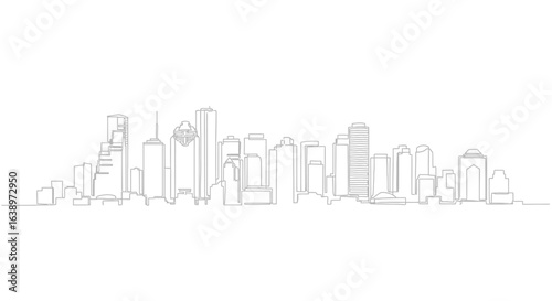 Urban Silhouette: An elegant, minimalistic line art depiction of a modern cityscape, showcasing a dynamic skyline of skyscrapers and architectural elements, rendered in a clean, graphic style.