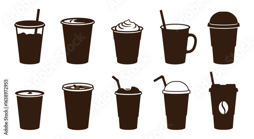 Coffee Drinks Variety Silhouette Set Iced Coffee Latte Frappuccino and More