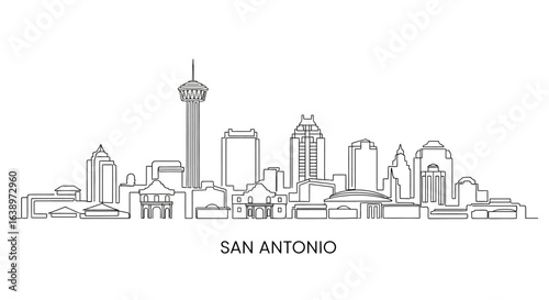 San Antonio Skyline: A minimalistic line art depiction of San Antonio's iconic skyline, showcasing its unique architectural blend against a clean backdrop.