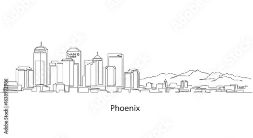 Phoenix Cityscape Illustration: A minimalistic line drawing depicts the iconic skyline of Phoenix, Arizona.  Illustrating the city's architectural marvels with simplicity and elegance. 