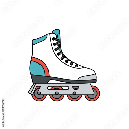 White roller skate with blue and red accents on a white background.