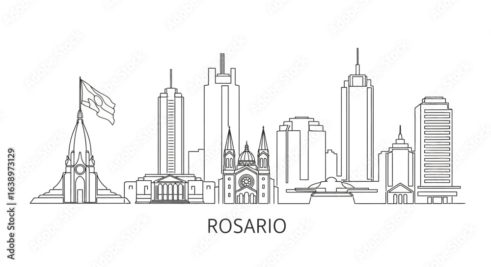 Obraz premium Rosario Cityscape: A minimalist black and white line art illustration depicts the iconic buildings that shape Rosario's skyline, showcasing the city's architectural diversity.