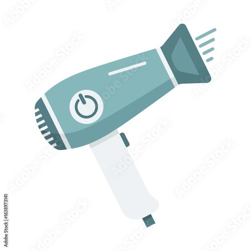 A teal hairdryer with a power button and airflow.