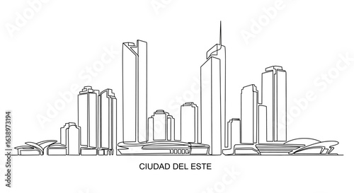Ciudad Del Este Skyline: An iconic, minimalist black-and-white line art representation of Ciudad Del Este's modern skyline, showcasing a cluster of skyscrapers and architectural marvels.