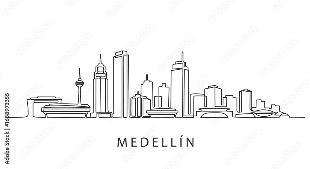 Fototapeta premium Medellin Skyline Sketch: A minimalist line drawing of the Medellin skyline, showcasing its unique architectural silhouette. Capturing the city's urban landscape in a simple yet striking design.