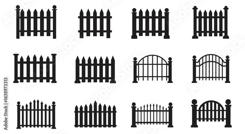 Set of Black Silhouette Fence Designs for Garden or Yard Vector Illustration