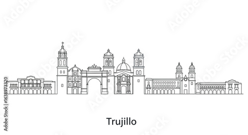 Trujillo Cityscape: A precise vector illustration showcases the iconic landmarks of Trujillo, capturing its unique architectural style and urban essence in a minimalist line drawing.