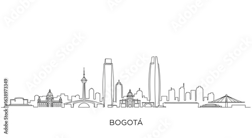 Bogotá City Skyline: A minimalist line drawing of Bogotá's iconic skyline, showcasing the city's unique architectural blend against the sky. 