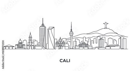 Cali Skyline: Minimalist city skyline illustration of Cali, showcasing iconic landmarks with clean lines and modern design.