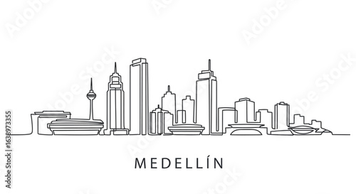 Medellin Skyline Sketch: A minimalist line drawing of the Medellin skyline, showcasing its unique architectural silhouette. Capturing the city's urban landscape in a simple yet striking design.
