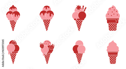 Collection of Pink and Red Ice Cream Cones Illustration on a White Background