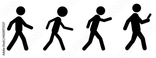 Collection of simple black stick figure walking silhouettes in varying step poses suitable for motion concepts, everyday activity, choreography, and instructional storytelling