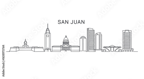 San Juan Skyline: An elegant line art representation of the San Juan skyline, showcasing iconic structures and the unique urban character.