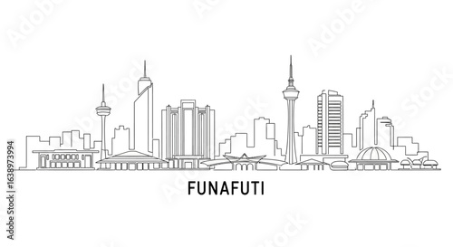 Funafuti Cityscape: An illustrative skyline of Funafuti's iconic buildings, rendered in clean black lines. Explore the architectural charm and urban landscape of this fascinating city.