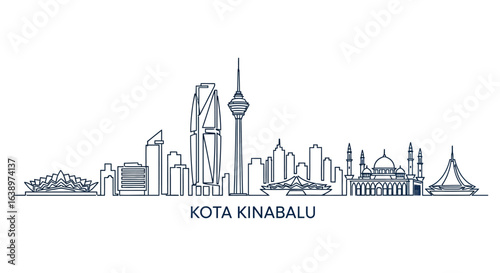 Kota Kinabalu Skyline Silhouette: A minimalist linear illustration captures the iconic skyline of Kota Kinabalu, showcasing its architectural landmarks in a clean, modern style.