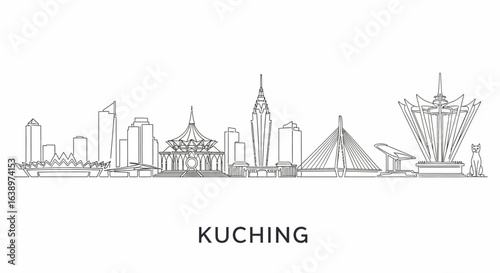 Kuching City Skyline: A minimalist linear depiction of the Kuching city skyline, highlighting architectural marvels and urban landscape.