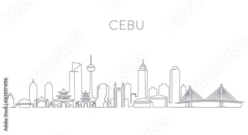 Cebu Cityscape: A minimalist line art illustration of the Cebu skyline, showcasing the city's iconic landmarks and architectural beauty, a testament to urban development and design.