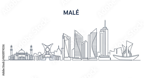 Male Skyline: A modern and clean graphic showcasing the skyline of Male, featuring iconic buildings, geometric lines and a simplified artistic style that captures the essence of the cityscape.