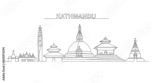 Kathmandu Cityscape: A minimalist line art illustration of Kathmandu's iconic landmarks, showcasing the city's unique skyline against a neutral background.