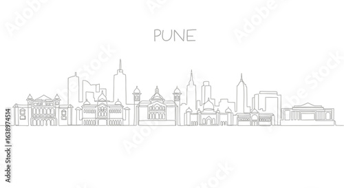 Pune City Skyline: A minimalist line art showcases the architectural splendor of Pune, India. It's a clean and modern representation, perfect for travel and design projects.