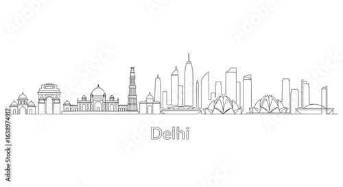 Delhi Skyline: A minimalist line art illustration showcases the iconic landmarks of Delhi, offering a simple and elegant view of the city's architectural heritage.
