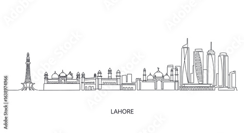 Lahore Skyline: A simple illustration captures the essence of the famous city. The silhouette features a selection of notable buildings, celebrating both tradition and modern urbanism. 