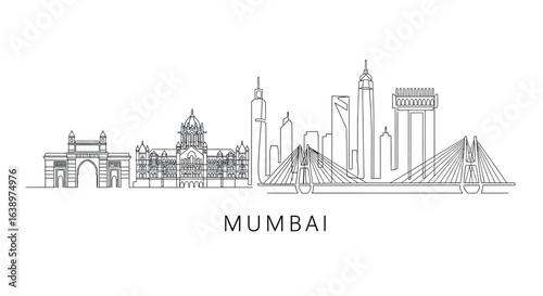 Mumbai Skyline: A minimalist line art of Mumbai's iconic skyline, showcasing the city's architectural marvels and vibrant urban character.