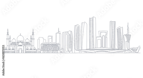 Modern Metropolis Skyline: A sleek, minimalist illustration captures the captivating essence of a modern metropolis, showcasing a dynamic cityscape of impressive architecture and urban sprawl.