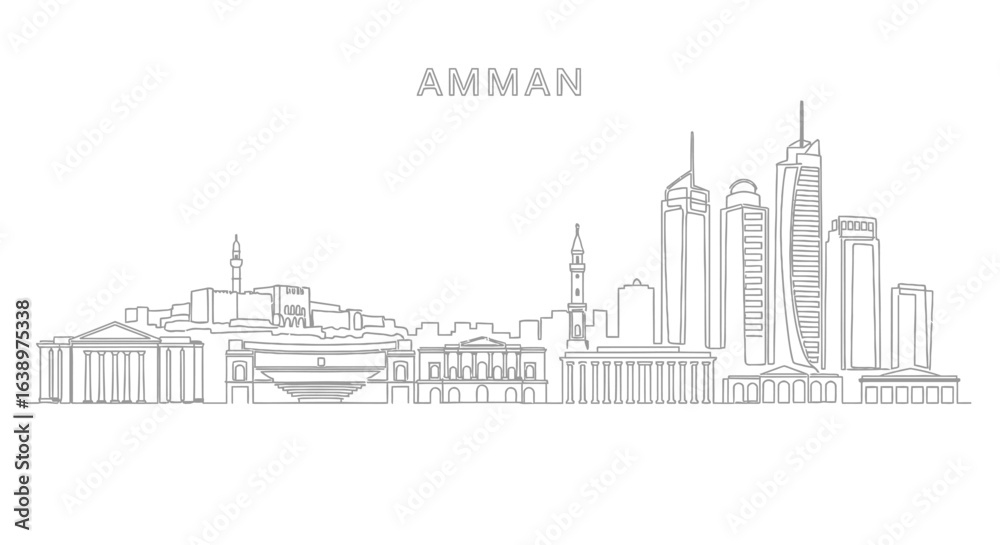 Amman Skyline: A minimalist, monochrome illustration captures the essence of Amman's cityscape, showcasing its iconic architecture. Amman Skyline: A minimalist, monochrome illustration captures the essence of Amman's cityscape, showcasing its iconic architecture.