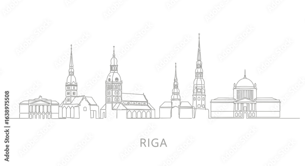 Naklejka premium Riga Cityscape: A minimalistic line drawing captures the essence of Riga's architectural beauty, featuring iconic buildings and landmarks in a sleek, artistic style.