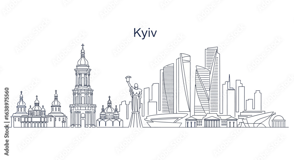 Naklejka premium Kyiv Cityscape: A detailed line art illustration of the iconic architecture of Kyiv, Ukraine, showcasing its cultural heritage and modern urban development.