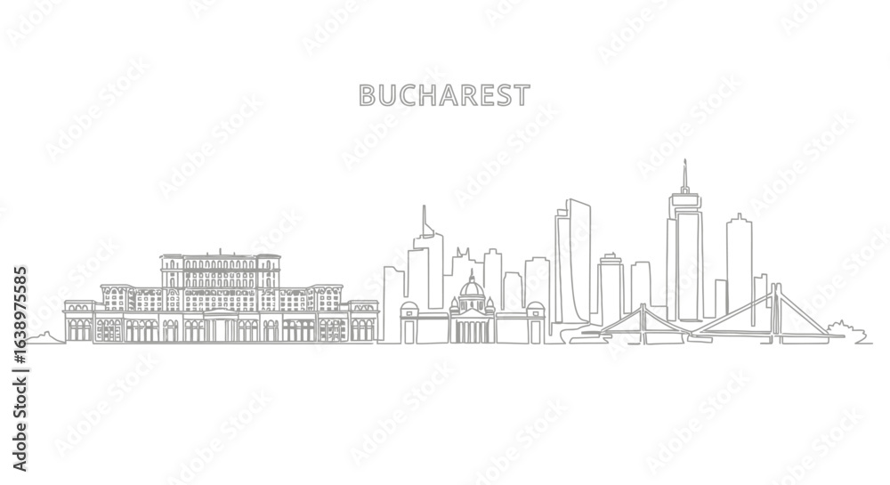 Obraz premium Bucharest Cityscape: A minimalist line art illustration captures the urban elegance of Bucharest, Romania's capital, showcasing iconic landmarks and architectural details.