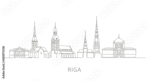 Riga Cityscape: A minimalistic line drawing captures the essence of Riga's architectural beauty, featuring iconic buildings and landmarks in a sleek, artistic style.