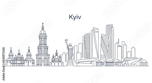 Kyiv Cityscape: A detailed line art illustration of the iconic architecture of Kyiv, Ukraine, showcasing its cultural heritage and modern urban development.