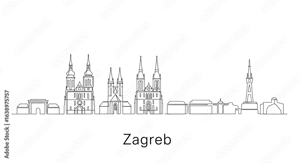 Fototapeta premium Zagreb Skyline: A clean, minimalistic line drawing of Zagreb's iconic skyline, showcasing the city's architectural landmarks and urban design.