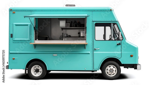 Teal food truck, side view, serving window open, showing simple interior