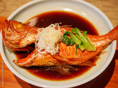 Close-Up of Simmered Kinmedai: A Traditional Japanese Seafood Dish
