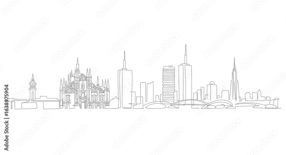 Fototapeta premium Cityscape Silhouette: An elegant line-art illustration presents the iconic skyline of a bustling city, where architectural marvels and urban landscapes converge in a minimalist artistic expression.