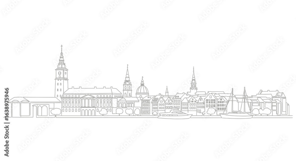 Fototapeta premium Cityscape Silhouette: A detailed line drawing showcases the elegant silhouette of a city skyline, with its distinctive architectural features.