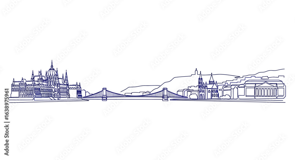 Fototapeta premium Budapest Panorama: A minimalist line drawing of Budapest's iconic skyline, depicting its famous bridges, buildings, and landmarks. The artwork focuses on architectural design.